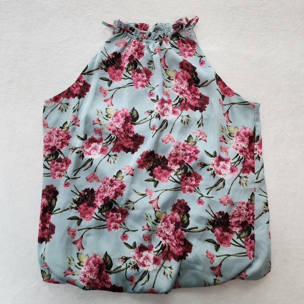 Floral Halter Top Womens Medium Satin Bubble Hem Blouse Romantic Prairie Cottage - Picture 8 of 15